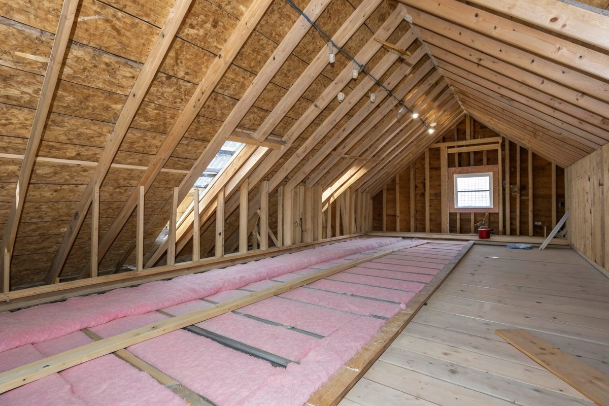 An attic with wood rafters, new roof decking, a ridge vent and pink insulation between the joists