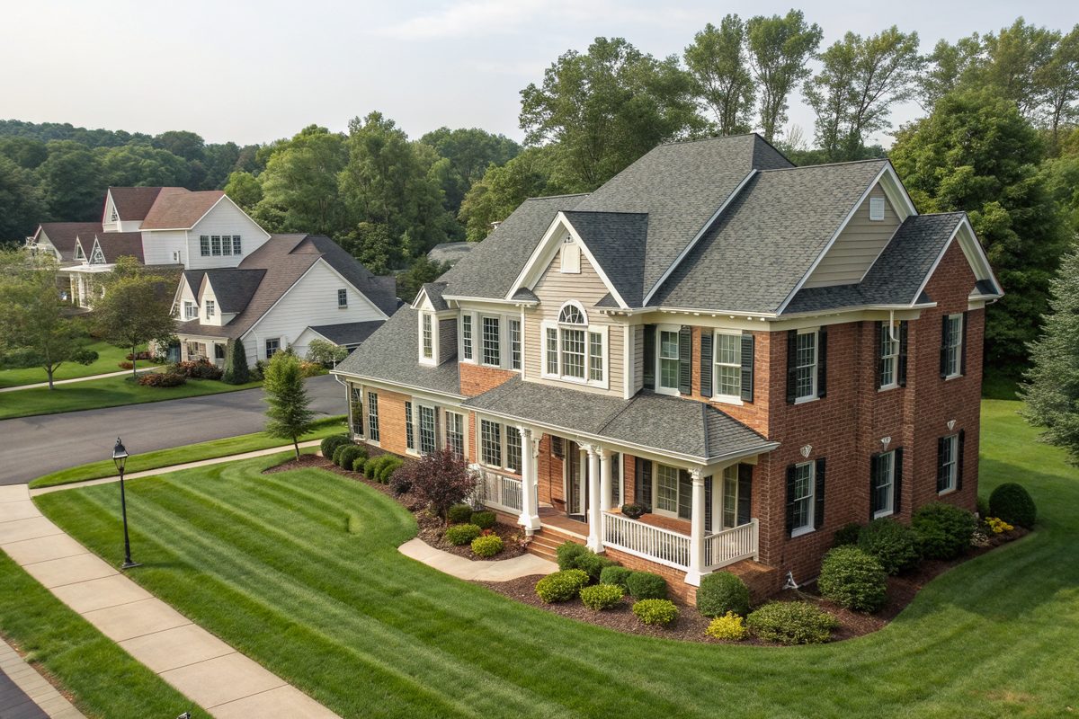 A two-story brick and siding colonial home with a new charcoal shingle roof