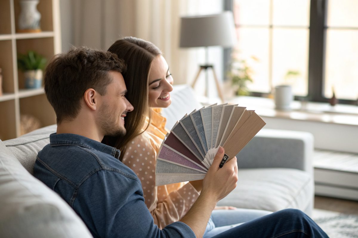 A couple on a sofa looking through a fan of roof shingle color samples