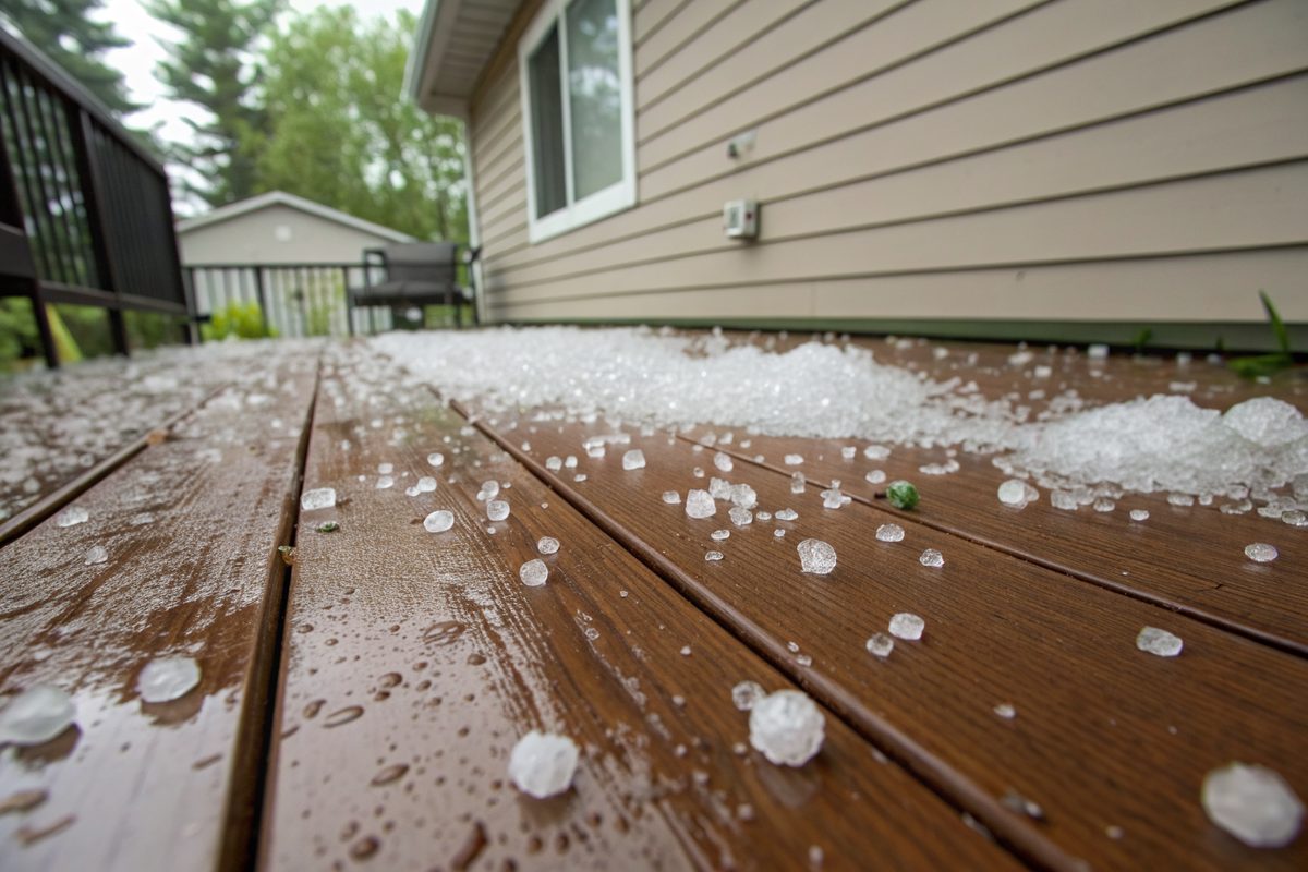 Hailstones scattered across a wooden backyard deck after a storm