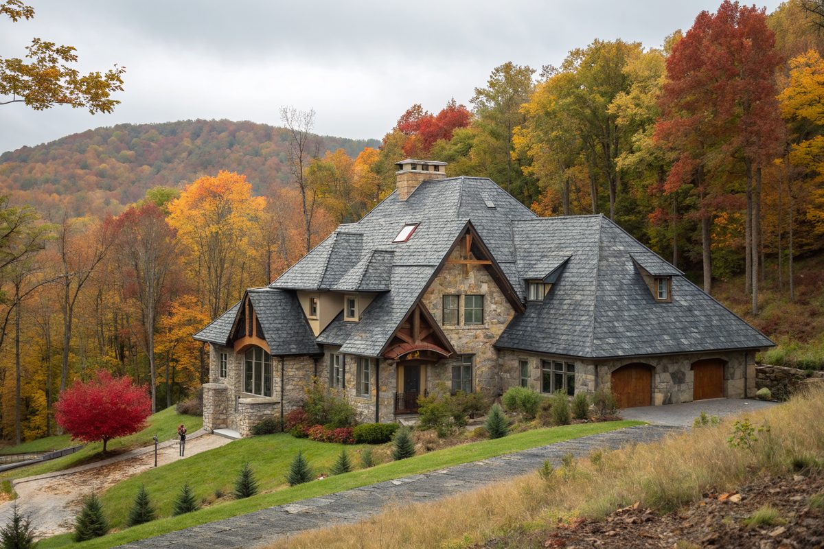 A large stone home on a wooded hillside with a steep, complex dark shingle roof in autumn