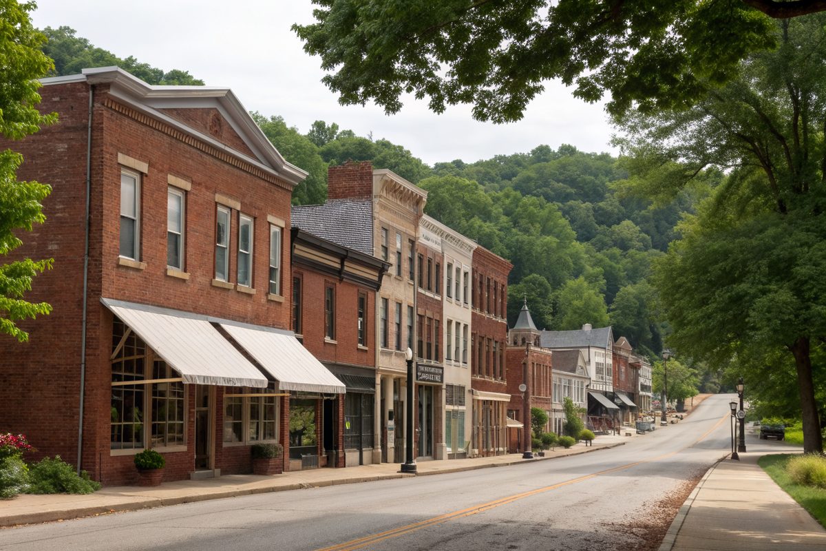 Old two-story brick storefronts with awnings along a small-town street on a hill