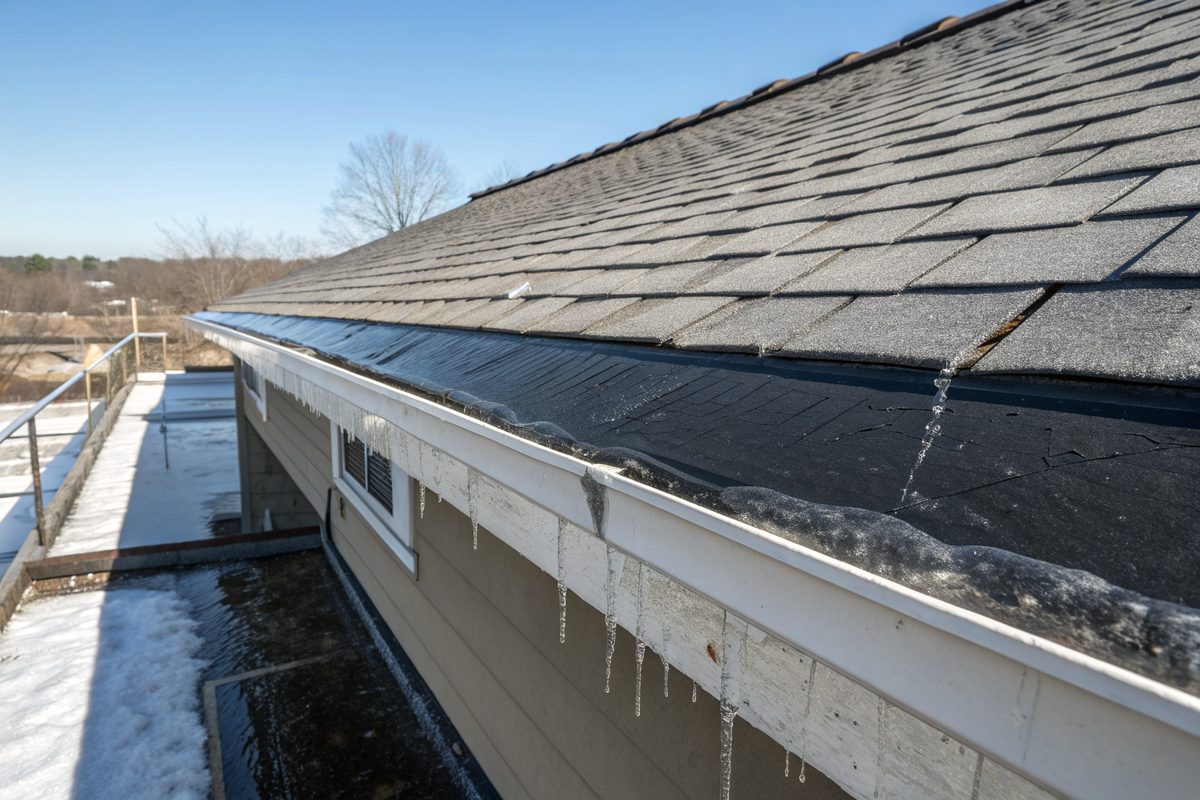 A roof edge with an ice and water barrier along the eave and new gray shingles above