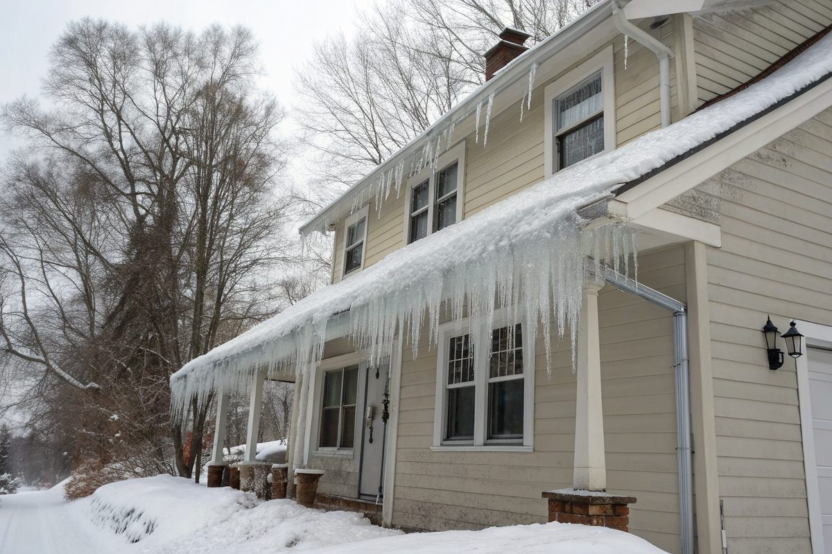 A thick ice dam and long icicles along the snowy roof edge of a two-story house