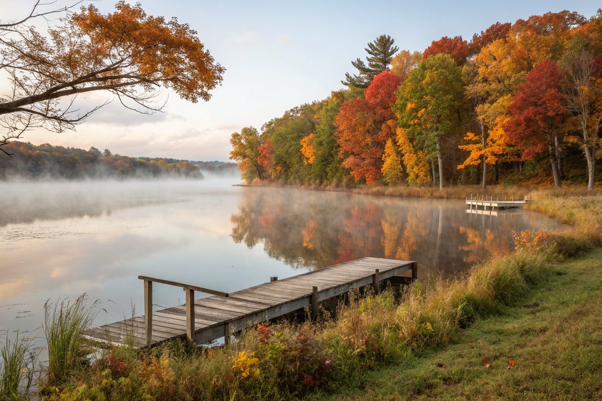 A wooden dock on a misty lake with fall-colored trees along the shore