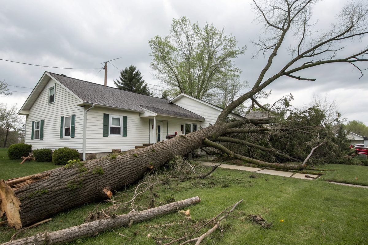 A large tree fallen across the roof of a one-story ranch house after a windstorm