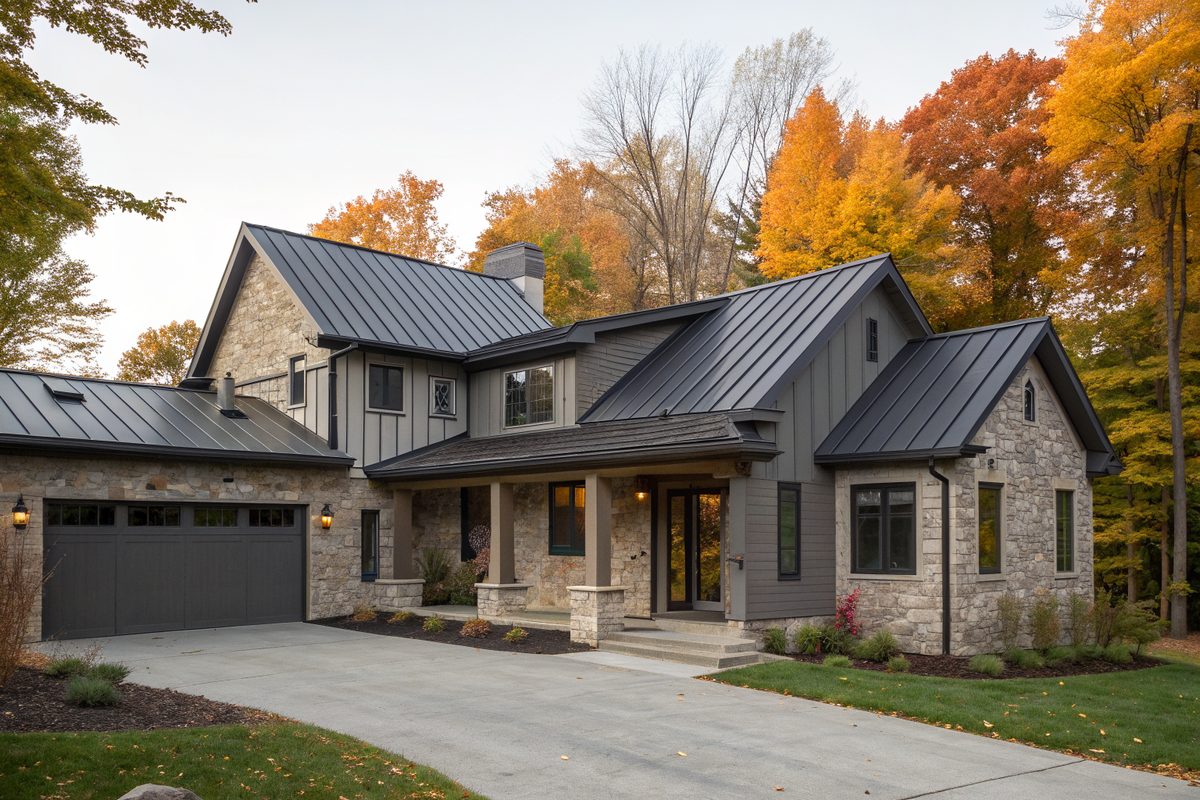 A two-story stone and siding home with a dark standing-seam metal roof among autumn trees