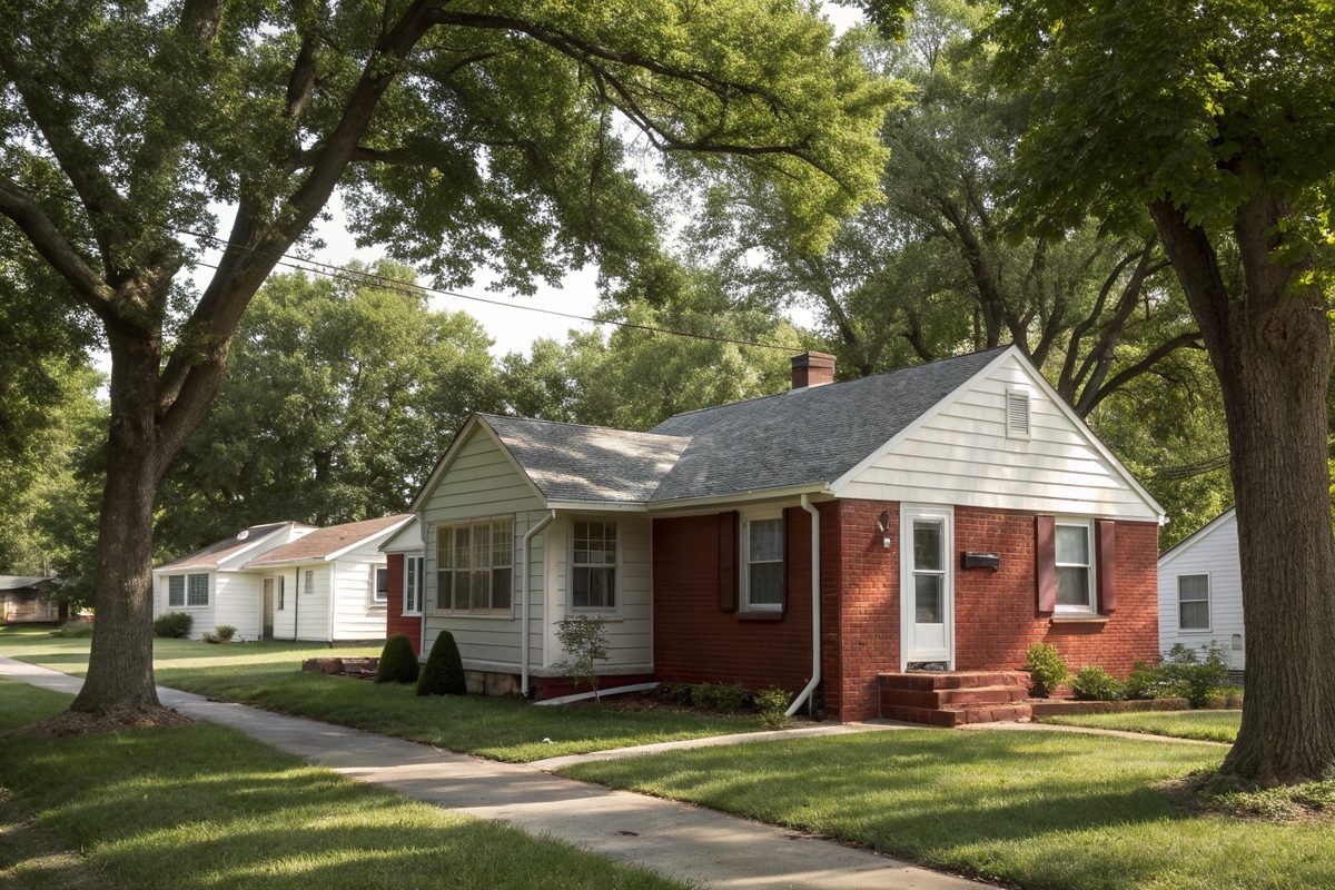 A small brick and white-sided ranch house with a gray shingle roof under mature trees