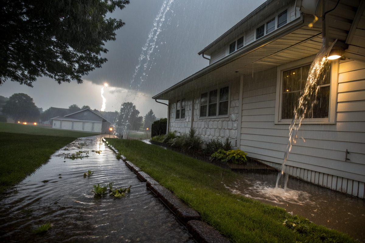 Rain pouring over a gutter on a white house during a summer thunderstorm
