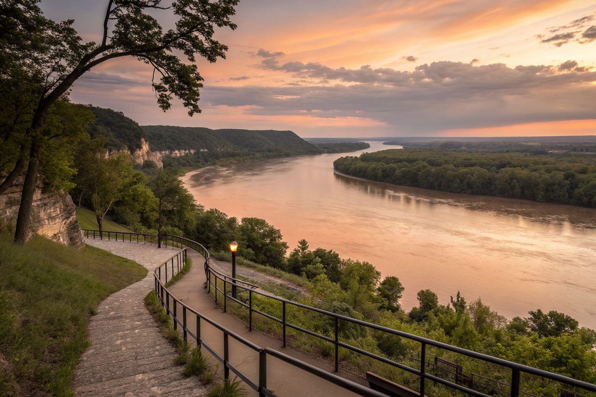 A wide river bending below wooded bluffs at sunset, with a park path and railing
