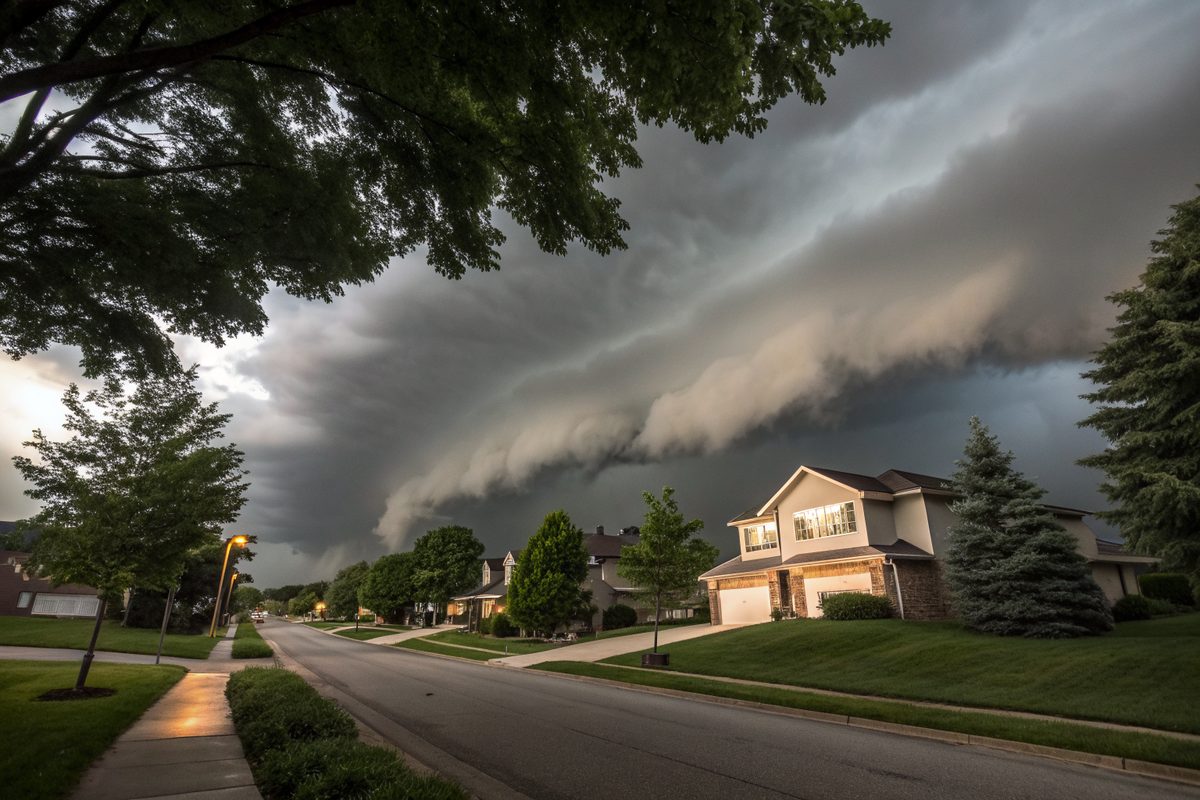 A dark shelf cloud from a thunderstorm moving over a suburban street of two-story homes