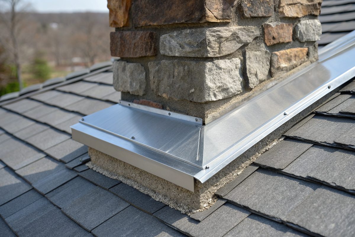 New metal flashing where a gray shingle roof meets a fieldstone chimney