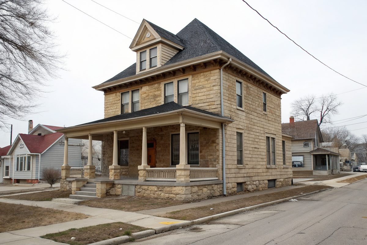 An older two-story stone house with a wide front porch and a dark shingle hip roof