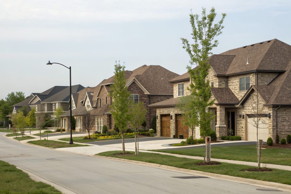 A newer street of two-story stone-accented homes with matching brown shingle roofs