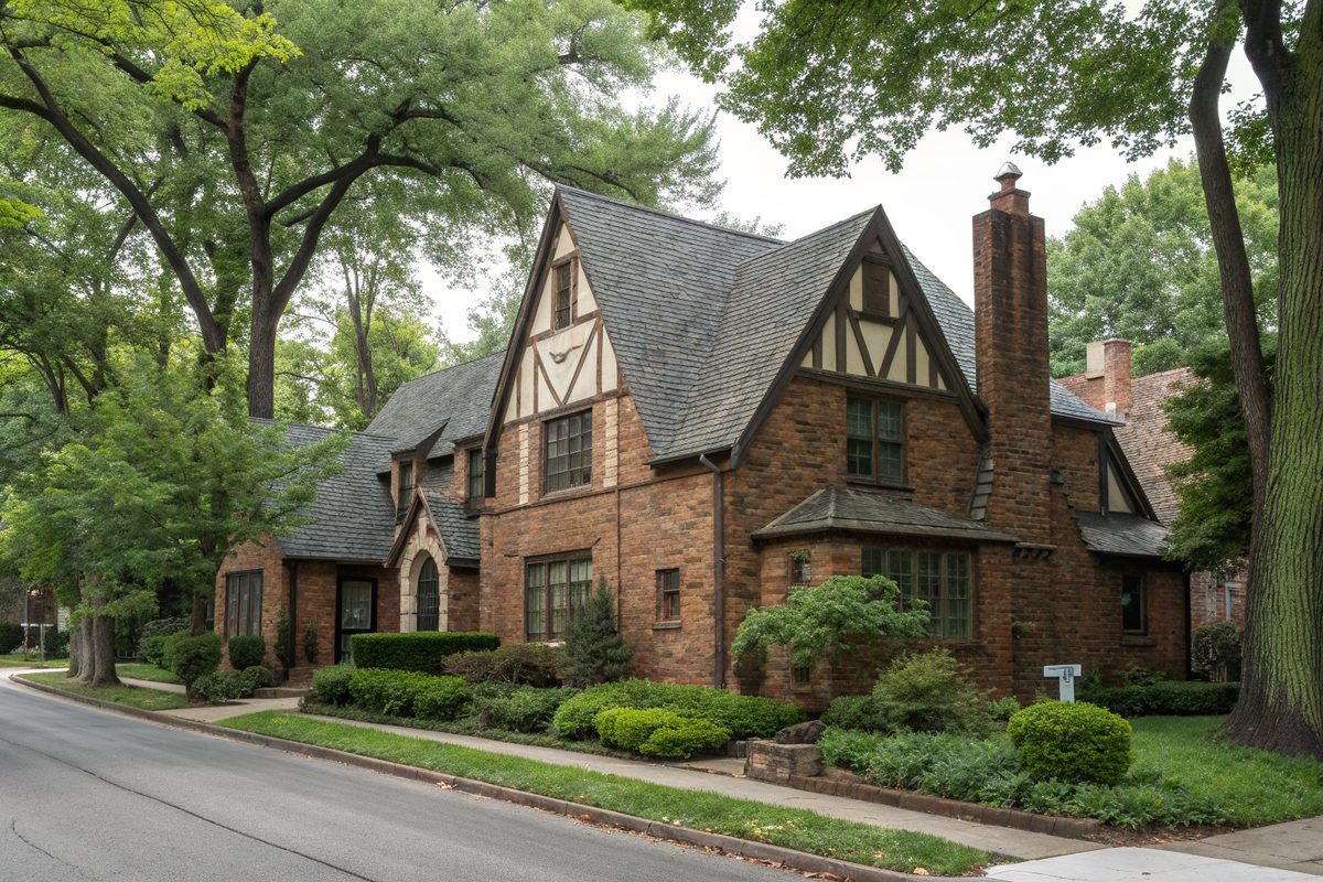 A brick Tudor-style house with a steep gable and an old slate roof on a leafy street