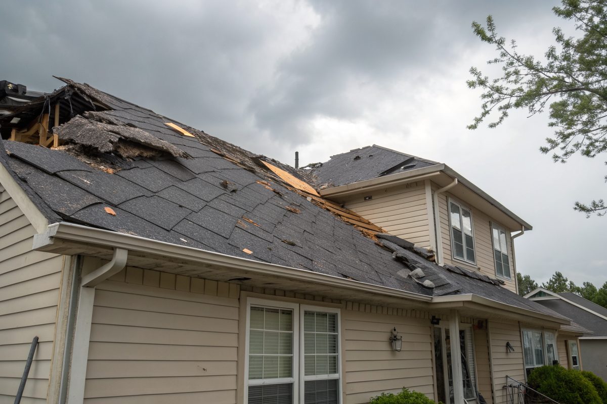 Wind-torn shingles along the ridge of a house roof after a storm, under a gray sky